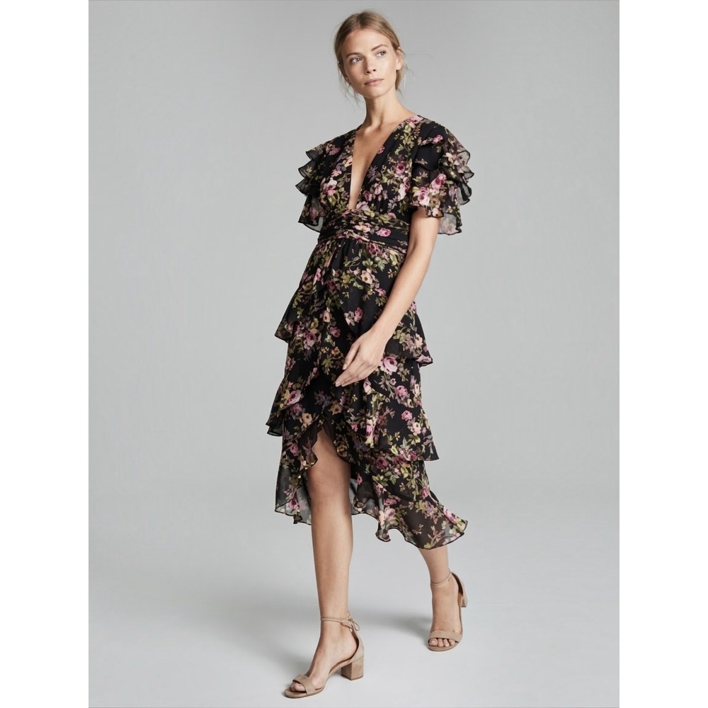 Wayf Whimsigoth Dark Romance Floral Plunge Tiered Ruffle Midi Dress 8